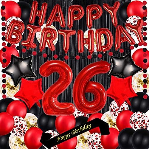 קישוטי מסיבת יום הולדת 26 אדום מספקת נושא אדום 16 אינץ 'נייר כסף אדום יום הולדת שמח בלונים באנר