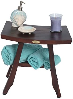 דקוטאק טיק עץ סאטורי מקלחת ספסל עץ מושב מקלחת שרפרף עם מעוקל מושב 18 אורך וודלנד חום טיק מקלחת ספסל עבור