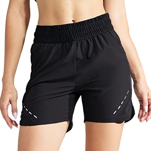 מכנסיים קצרים של מנועים קצרים של נשים אלסטיים מותניים גבוהים עם מכנסי אימון אתלטי יבש מהיר עם כיסים,