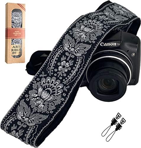 רצועת מצלמה מחווה אמנות רויאל סילבר & מגבר; שחור ארוג עבור כל המצלמה. צוואר אוניברסלי רקום אלגנטי ורצועת