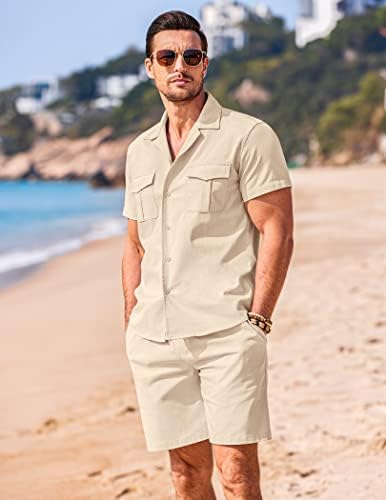 גברים של 2-חתיכה פשתן סטים קצר שרוול כפתור עד-חולצה ומכנסיים קצרים קיץ מזדמן חוף תלבושות