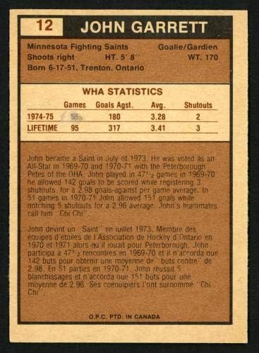 ג'ון גארט חתימה 1975-76 WHA O-PEE-CHEE CARD 12 מינסוטה נלחמת קדושים SKU 151394-כרטיסי כדורגל עם