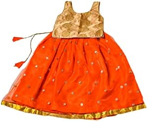 מסורת הודו ברוקד זהב וכתום נטו ללא שרוולים לנגה צ'ולי סט, מעצב פאטו פאבדי, ילדים אתניים ללבוש