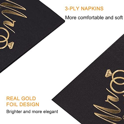 100 חבילה של מפיות קוקטייל נייר שחור עם עיצוב זהב MR & MRS. ארוחת ערב רשמית, יום נישואין, מפיות לחתונה לשולחנות,