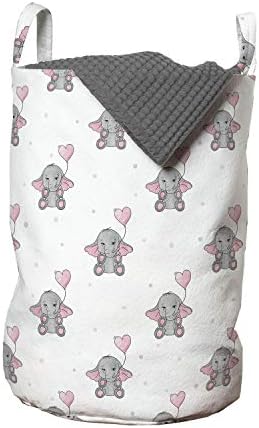 שק כביסה מצויר של פיל אמבסון, פילים מחזיקים בלונים ורודים בצורת לב עיצוב ילדותי, סל סל עם ידיות סגירת