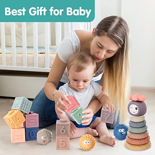 Ygnnxrn צעצועי תינוקות מונטסורי 6-12 חודשים, בלוקים ערימה, צעצועים בקיעת שיניים רכים, כדורים חושיים-26
