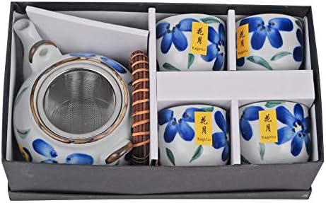 אוסף הינומארו בסגנון יפני סט תה סט חרסינה 22 FL OZ קומקום עם ידית ראטן ו -4 כוסות תה מסננת נירוסטה