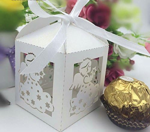 JOINWIN חדש 50 יחידות לייזר חתך קופסת חתונה מלאך לבן בקופסת נייר פנינה, קופסת ממתקים למסיבות, מתנות