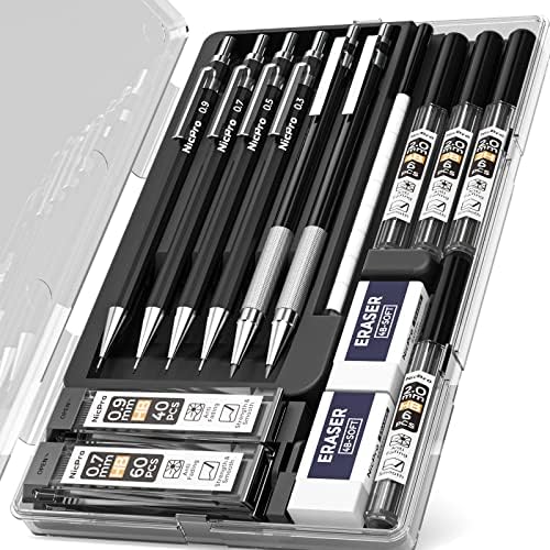 6 יחידות אמנות מכאני עפרונות סט, שחור מתכת ניסוח עיפרון 0.3, 0.5, 0.7 ,0.9 ממ & 2 יחידות 2