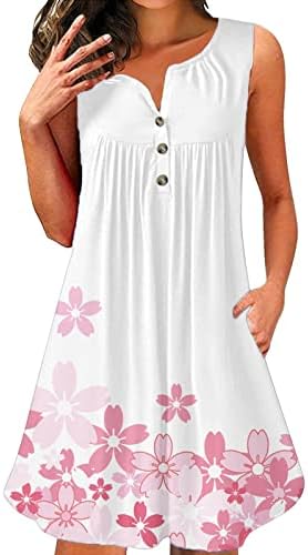 2023 נשים קיץ מקרית עגול צוואר שמלות כותנה מזדמן חולצה ללא שרוולים זורם נדנדה לפרוע טנק שמלה עם כיסים
