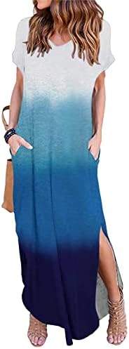 נשים של 2023 קיץ שמלת רופף קצר שרוול צוות צוואר צבעוני הדפסת פיצול ארוך שמלת חוף מקסי שמלה עם כיס