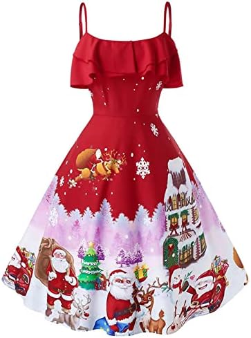 נשים קלע מידי נדנדה שמלות אופנה ראפלס טלאי חג המולד שלג פתית שלג הדפסת בציר קמיס תה שמלה