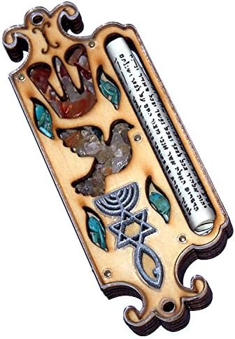 חותם משיח מעץ מארז מזוזה עם חותם משיח - 5 אינץ 'עם מגילה ואבני ירושלים