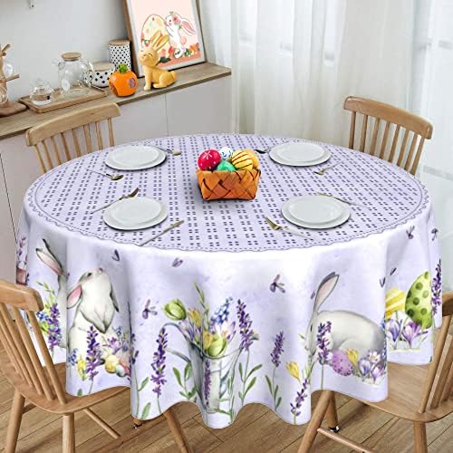 פסחא מפת שולחן עגול 60 אינץ-סגול פרחי מפות עמיד למים שולחן בד רחיץ אביב חווה שולחן כיסוי עבור פסחא שולחן