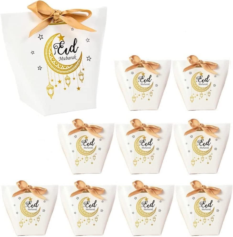 10 PCS קופסאות מתנה של Eid Mubarak, קופסאות טובות של מפלגת הרמדאן, שקיות ממתקים מוסלמיות אסלאמיות.