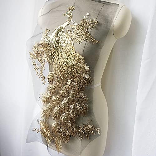 נצנץ זהב Geltdn רקום ציפורי טווס אפליקציות תחרה תחרה גיזום טלאי תפירה שמלת שמלת כלה מלאכות DIY