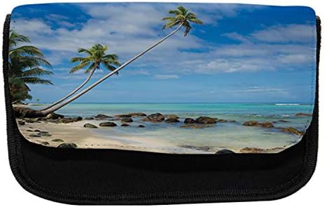 מארז עיפרון חוף לונאלי, חוף טרופי עם סלעים, תיק עיפרון עט בד עם רוכסן כפול, 8.5 x 5.5, שנהב ירוק כחול