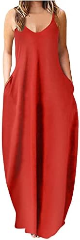 נשים 2023 קיץ מקסי שמלה מוצק ספגטי רצועת צווארון שרוולים רופף הוואי חוף מקסי שמלה