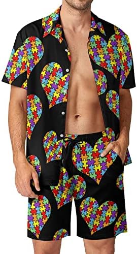 מודעות לאוטיזם לב תלבושות חוף של גברים 2 חלקים כפתור הוואי למטה חולצה עם שרוול קצר וחליפות מכנסיים