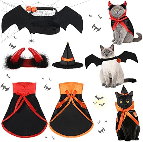 Potchen 5 PCS תלבושת ערפד ליל כל הקדושים לחתול, כובע מכשפה לשטן לחתול, כנפי עטלף חתול לחיות מחמד, דלעת