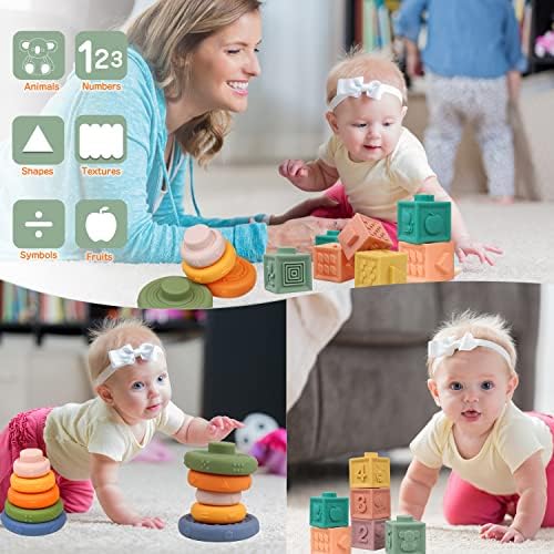 4 ב 1 צעצועים לתינוקות מונטסורי צעצועים לתינוקות 6-12 חודשים, ערימת אבני בניין ומשיכה צעצועים בקיעת