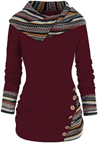 קפוצ'ונים של Auimank לנשים, סווטשירט לנשים פס גיאומטרי עם פס גיאומטרי ברדס עליון מכפתור שרוול ארוך סוודר סוודר