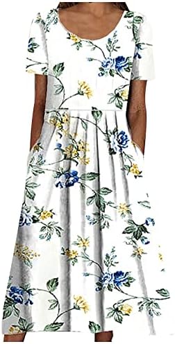 COTECRAM לנשים קיץ צוואר עגול עגול עגול שרוול קצר שמלת בוהו הדפס פרחוני מותניים שמלת מקסי שמלה מותניים