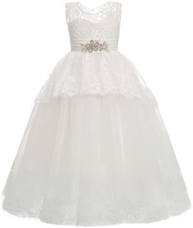 פרח בנות שמלת 1 הקודש שמלות לבן תחרה ללא שרוולים נסיכת טול כדור שמלת עבור בנות 2-12 שנים