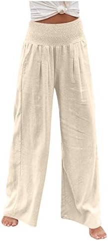 נשים של מתגנדר כותנה פשתן מכנסיים רחב רגל זורם פאלאצו מכנסיים אלסטי מותניים חוף מוצק צבע משובץ מזדמן