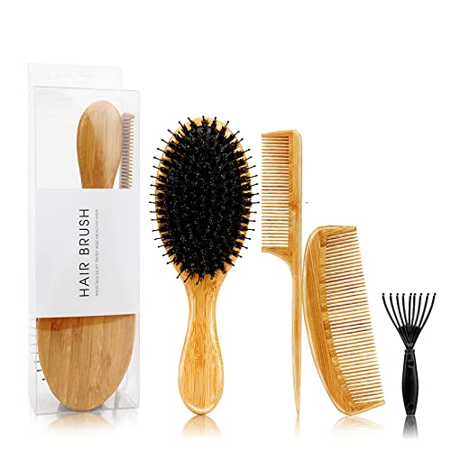 מסרק מברשת שיער Layhou Set 4 IN1 מברשת שיער מעץ ומסרק לגברים נשים טבעיות מעץ טבעי מברשת שיער מסרק לעיסוי
