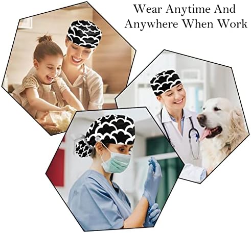 כובעים רפואיים לנשים עם כפתורים שיער ארוך, כובע עבודה מתכוונן 2 חלקים, מוטיב גל יפני שחור ולבן