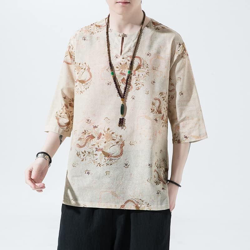 MQMYJSP קיץ סגנון סיני בסגנון סיני תואם כותנה כותנה ופשתן חולצת טריקו של שרוול חמישה רבעים