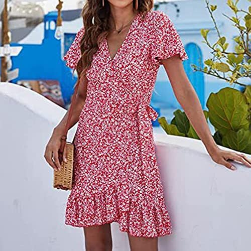 שמלת שיפון קיץ של למדודן לשמלת שרוול קצרה לנשים עניבת מותניים מודפסת פרחונית.