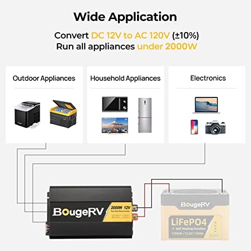 Bougerv Pure Sine Wave Reverter 2000W להמיר DC 12V ל- AC 120V, עם מציג דיגיטלי LCD, שלט מרחוק קווי, למערכת