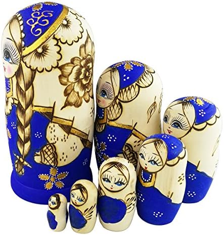 סט של 7 ילדה קטנה וחמודה וחמודה עם צמה גדולה בעבודת יד בובות מטריושקה בובות רוסיות קינון בובות מעץ מתנות צעצוע