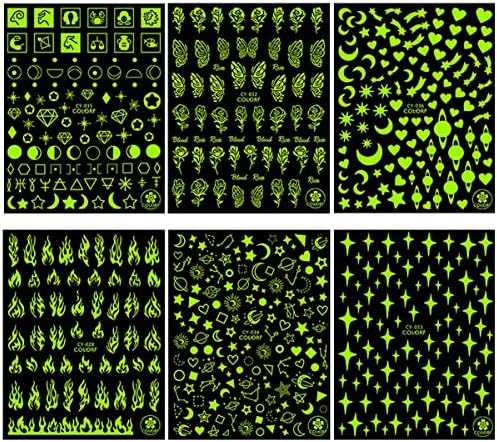 6 גיליונות נייל אמנות מדבקות זוהר אספקת אמנות ציפורן 3 ד דביק נייל מדבקות להבה כוכב ירח לב פרפר עלה פרח מעצב נייל