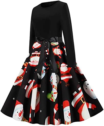 שמלות חג המולד, שמלה בסגנון וינטג ' לנשים - שרוול ארוך שמלת נדנדה מודפסת של סנטה קלאוס 1950 שמלת תה קוקטייל למסיבה