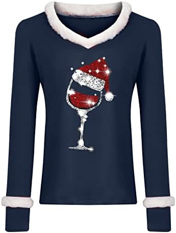 נשים חג המולד חולצות מצחיק יין זכוכית גרפי חולצות מקרית ארוך שרוול סוודר צווארון רופף קומפי טיז חולצה