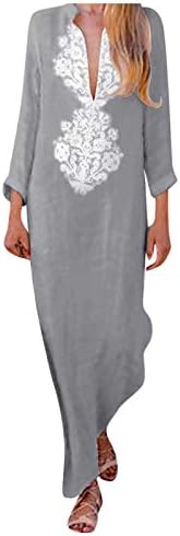 שמלת Tifzhadiao Maxi לנשים שרוול ארוך עמוק v צוואר שמלות ארוכות מזדמנים שמלת פשתן כותנה טרנדית