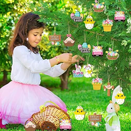 24 חתיכות קישוטי עץ של חג הפסחא ביצי פסחא גמדים לוגו חצר גן פסחא שמח DIY חיצוני מסיבת חג קישוטים וינטג