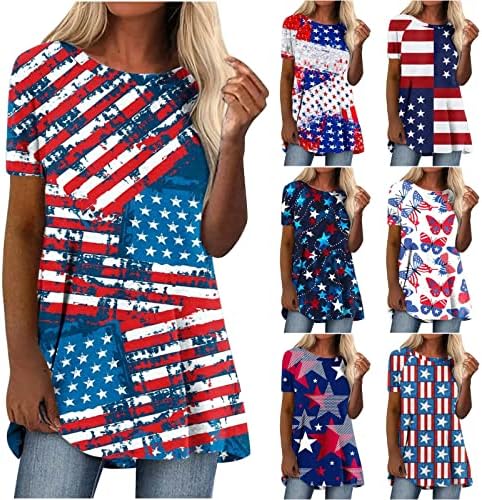 צמרות קיץ של נשים, טוניקת שרוול קצר רופפת רופפת 4 ביולי כוכבים הדפסים מפוספסים חולצת טש חולצת דגל אמריקאית