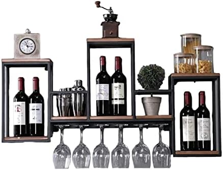 מתלה זכוכית יין רכוב על קיר - מחזיק בקבוקי יין, ארון מדף אחסון עץ ברזל/עץ תליית עץ, עמדת תצוגה דקורטיבית