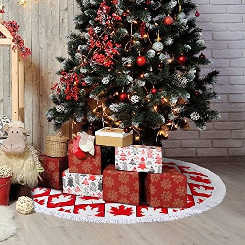 יום קנדה לייף עלה עץ חג המולד חצאית אדום עגול עץ עץ חג המולד עם קצה משולב לקישוטי חצר חיצוניים מקורה