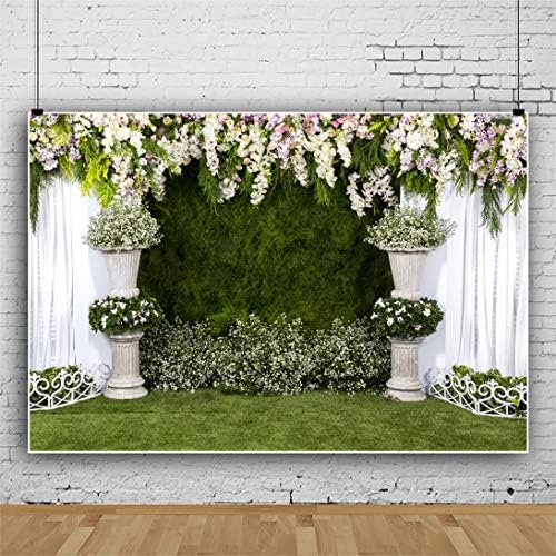 רקע פרחי חתונה קשת לייאקו 8 * 6 רגל ויניל רקע צילום אבן עציץ פרחים וילון לבן ירוק קיסוס קישוט קיר בחוץ טקס ירוק