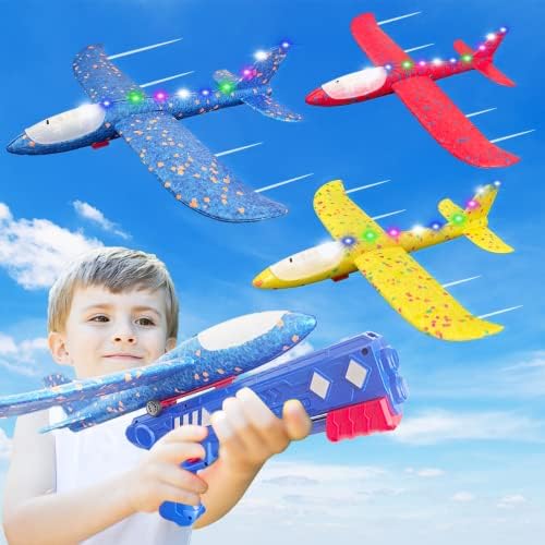 WASK 3 חבילות סט צעצוע של משגר מטוסים, מטוסי LED קצף לילדים עם 2 מצבי טיסה, מדבקה DIY, מטוס צעצוע לילדים בגילאי