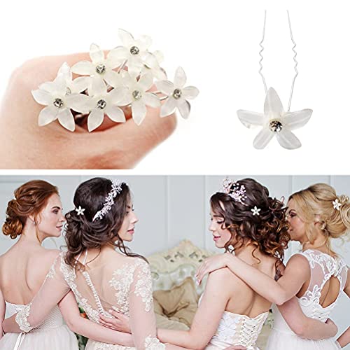 12 חתיכות חתונה פרח שיער סיכות, לבן פרח ריינסטון שיער סיכות בצורת סיכות עבור כלה חתונה נשים שיער תכשיטי