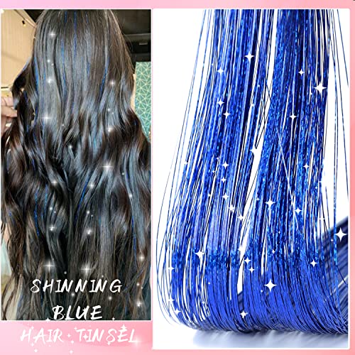 כחול שיער טינסל ערכת עם כלים 47 אינץ 1100 גדילים טינסל שיער הרחבות פיות שיער טינסל ערכת חום עמיד, נוצץ מבריק