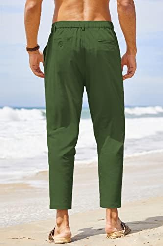 מכנסי פשתן כותנה של קואופנדי גברים מותניים אלסטיים מכנסיים מזדמנים קלים משקל קלים מכנסי חוף יוגה עם כיסים עם