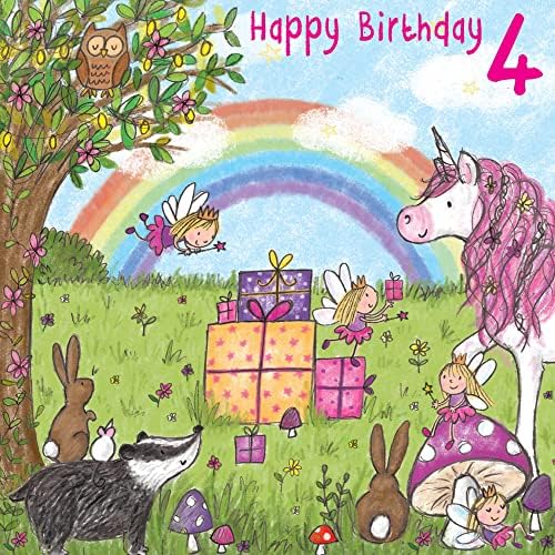 Twizler נערת כרטיס יום הולדת רביעי עם חד קרן -גיל 4 כרטיס יום הולדת -ילדות כרטיס יום הולדת גיל 4 -כרטיס