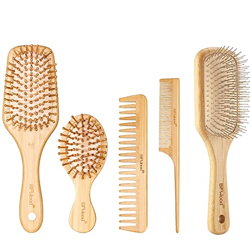 עץ במבוק שיער מברשת סט, במבוק שיער מברשת עם פלדת זיפים עבור כל סוגים של שיער במשפחה